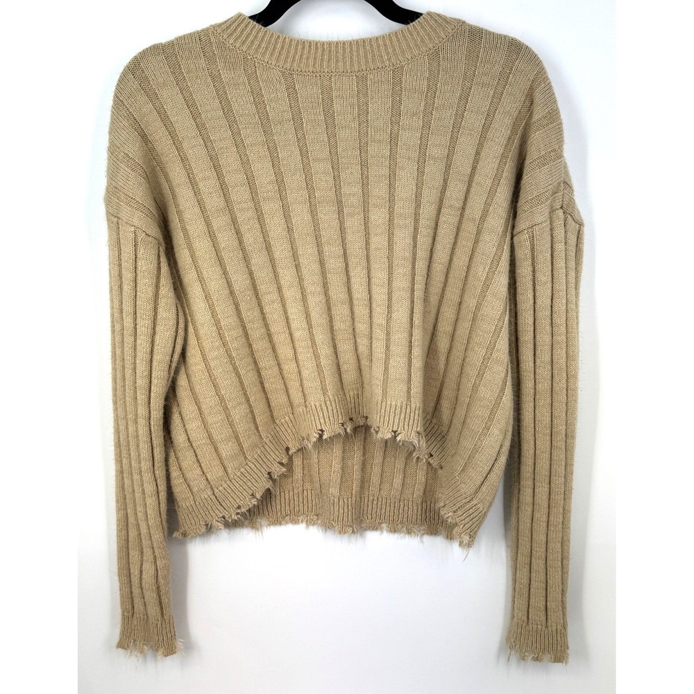 Ribbed Cropped Knit Sweater Distressed Raw Hem Neutral Indie Grunge‎